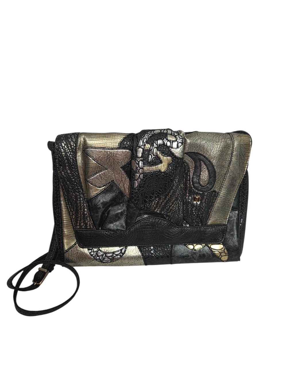 Vintage 80s 90s NAS Womens Metallic Patchwork Black & Gold Crossbody Bag